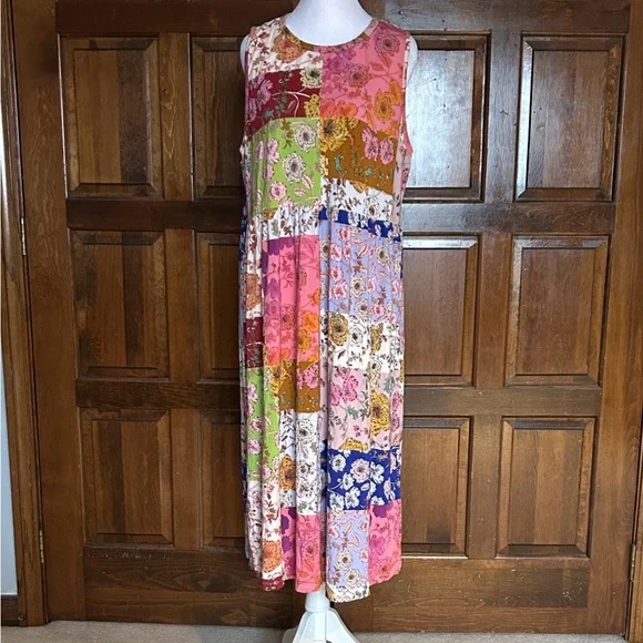 Johnny Was Cosmo Easy Fit Tea Length Dress Patchwork Floral Bamboo Midi READ - Picture 2 of 10